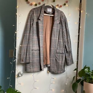 Tan & White Plaid Oversized Blazer